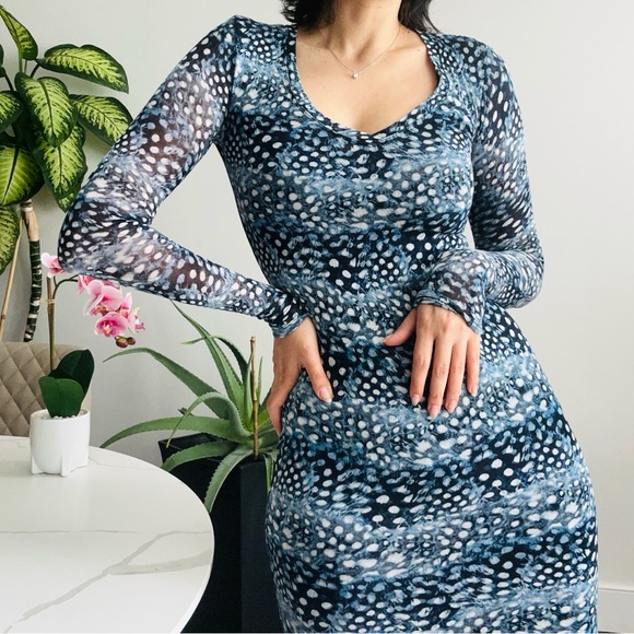 BCBG Blue Aqua Bodycon Dress with Long Sheer Sleeves - Picture 1 of 8